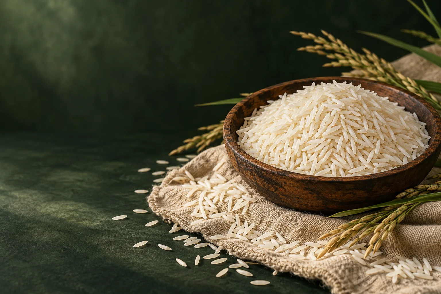 Bowl of basmati rice on natural linen
